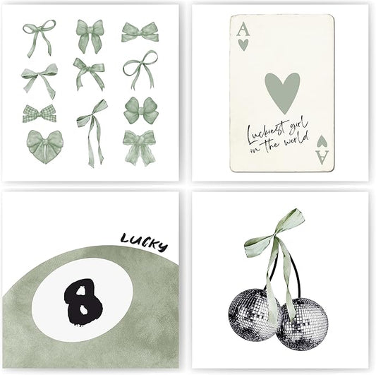 okaxscm Sage Green Coquette Trendy Preppy Wall Art Prints Set of 4, Coquette Preppy Room Decor Aesthetic, Green Bow Disco 8 Ball Cherry Wall Decor Posters for Girls Bedroom Dorm,10x10 Unframed