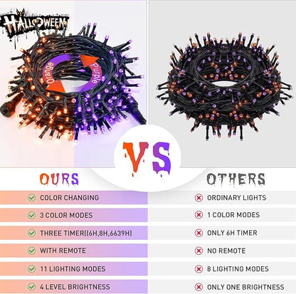 JMEXSUSS 200 LED Orange and Purple Halloween Lights Plug in, 66ft Connectable Color Changing Christmas String Lights with Remote, Outdoor Waterproof Tree Lights for Yard Halloween Decor