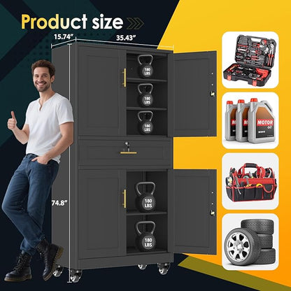 Metal Tall Storage Cabinet with Drawer, Garage Storage Cabinet with Locking Doors and 3 Adjustable Shelves, 71" H Steel Cabinets for Garage, Home, Office, Black, Assembly Required