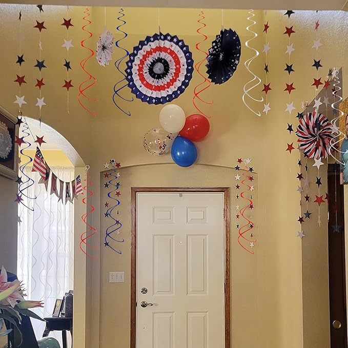 30 pcs Hanging Swirl Decorations Plastic Streamer Ceiling Swirls Party Decorations for 4th of July, Patriot Day, Veterans Day (Blue Red Sliver)