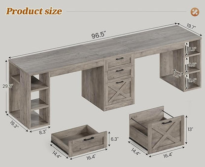 SEDETA Farmhouse 96.5" Computer Desk with Drawers, 2 Person Home Office Desk, Gaming Double Desk with Storage Shelves, Long Two Person Writing Desk (Grey)