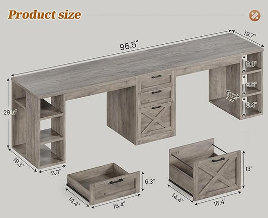 SEDETA Farmhouse 96.5" Computer Desk with Drawers, 2 Person Home Office Desk, Gaming Double Desk with Storage Shelves, Long Two Person Writing Desk (Grey)