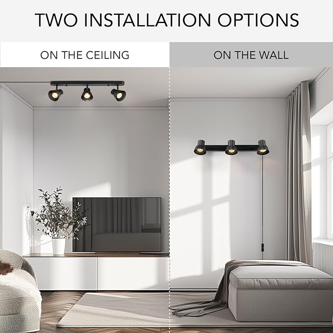 GLOBE Electric 64000115 22" 3-Light Plug-in Track Lighting, Matte Black, Adjustable Pivoting Heads, 15-Foot Cord, in-Line on/Off Rocker Switch, Modern Ceiling Light Fixture for Apartments or Renters