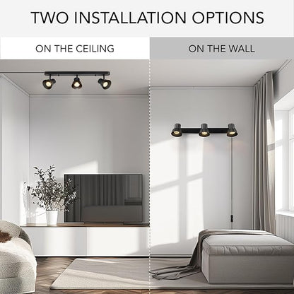 GLOBE Electric 64000115 22" 3-Light Plug-in Track Lighting, Matte Black, Adjustable Pivoting Heads, 15-Foot Cord, in-Line on/Off Rocker Switch, Modern Ceiling Light Fixture for Apartments or Renters