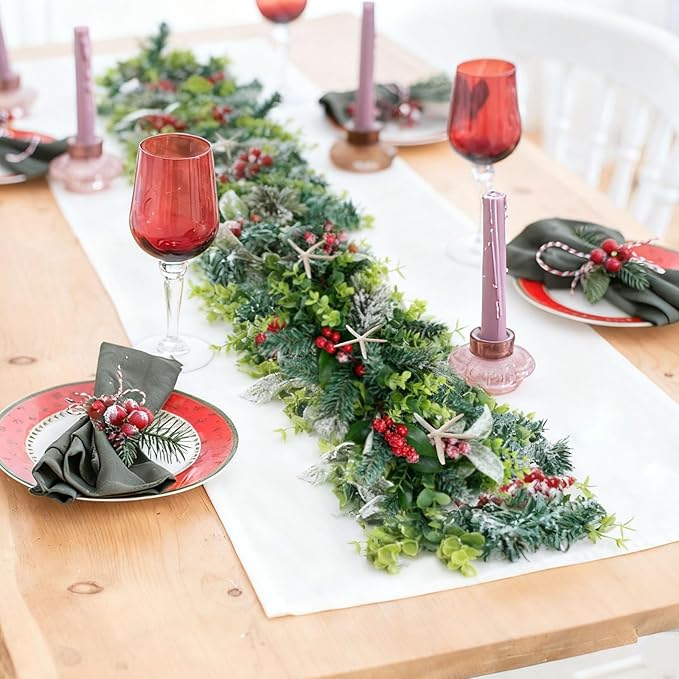 6 Feet Natural Starfish Christmas Garland for Mantle Sea Star Fish Artificial Garland with Lamb's Ear Leaves Pinecone Red Berries for Home Kitchen Cabinet Christmas Tree Farmhouse Porch Fireplace