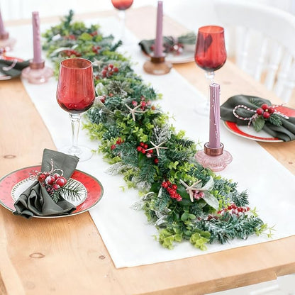 6 Feet Natural Starfish Christmas Garland for Mantle Sea Star Fish Artificial Garland with Lamb's Ear Leaves Pinecone Red Berries for Home Kitchen Cabinet Christmas Tree Farmhouse Porch Fireplace