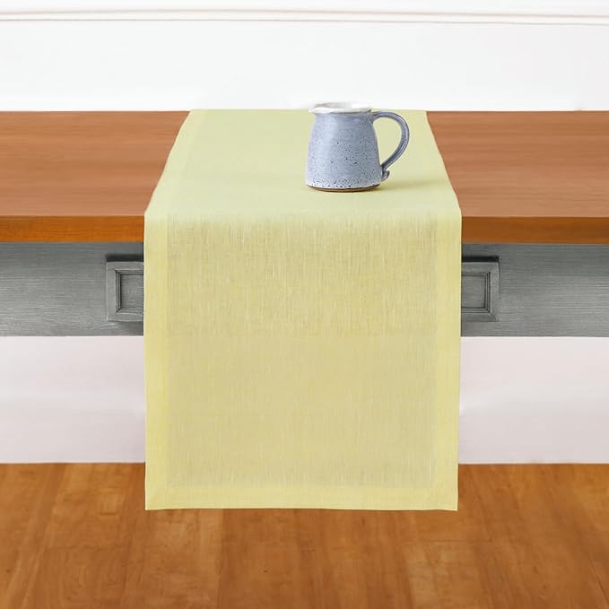 Solino Home Linen Short Table Runner 36 Inches - Athena, 100% Pure Linen Chambray Yellow Table Runner 14 x 36 Inch Ideal for Dresser and Coffee Tables