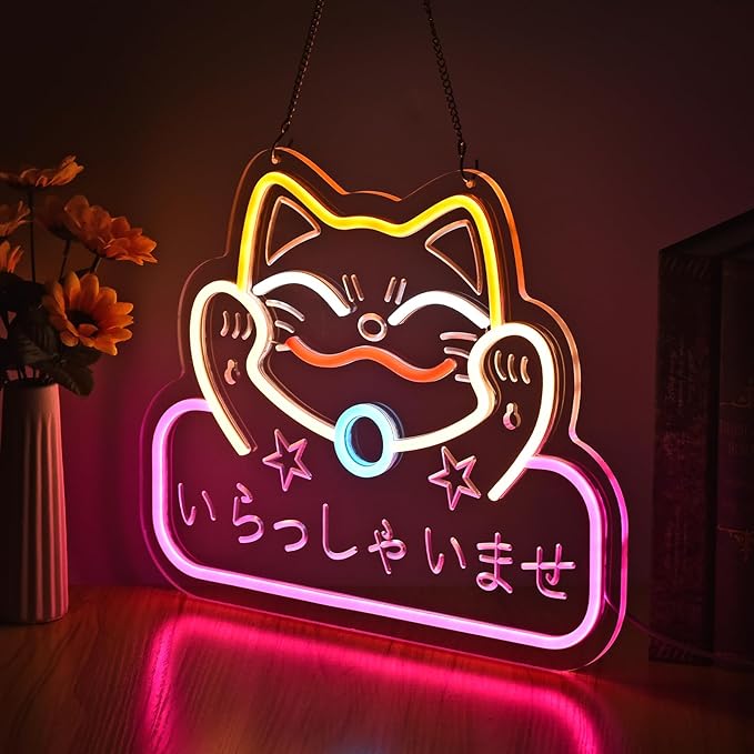 Japanese Welcome Neon Sign Fortune Cat Wall Decor Dimmable Led Neon Lights Japanese Style いらっしゃいませ Neon Billboard for Restaurant Shop Store Window USB Powered 16.1" x 12.6"