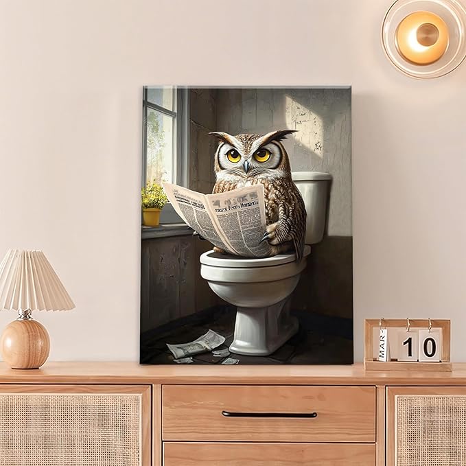 Owl Bathroom Wall Art, Funny Owl Toilet Pictures Wall Decor, Bird Canvas Prints, Animal Painting, Framed Artwork for Bathroom Living Room Bedroom Office Dining Room 24"X16"