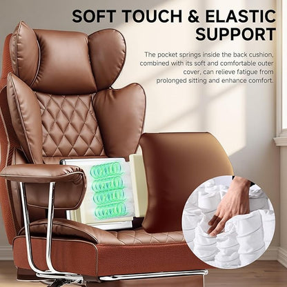 COMHOMA Big and Tall Office Chair, High Back Leather Gaming Chair with Footrest, Executive Ergonomic Office Chairs with Pocket Spring Lumbar Support and with Outward Fixed Soft Armrests