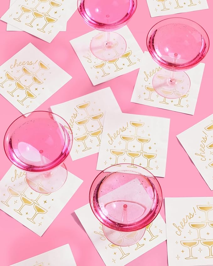 xo, Fetti Gold Foil Cheers Napkins | 3-ply, 50 pcs | Bachelorette Party Champagne Coupe Decorations, Birthday Party Decor, NYE Cocktail Supplies, Celebratory Tableware