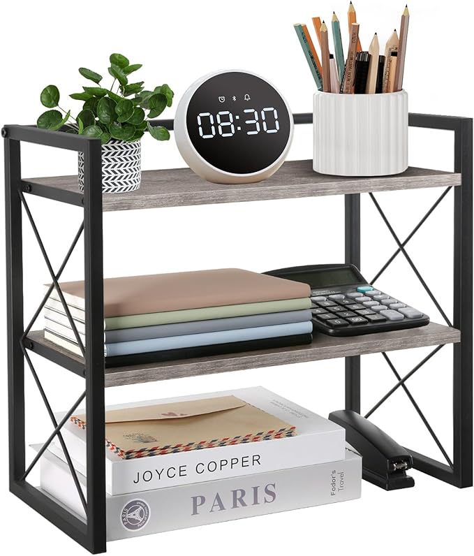 YINMIT Desktop Shelf Organizer, 2 Tier Office Shelves, Wood Desk Organizer Storage Rack and Freestanding Display Shelf for Office, Dormitory, Home (Grey)