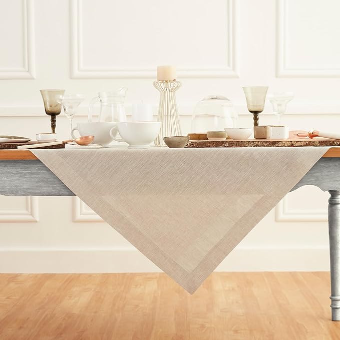 Solino Home Light Natural Linen Tablecloth 52 x 52 Inch - 100% Pure Linen Square Table Throw - Athena, Machine Washable Tablecloth for Fall, Autumn, Holiday
