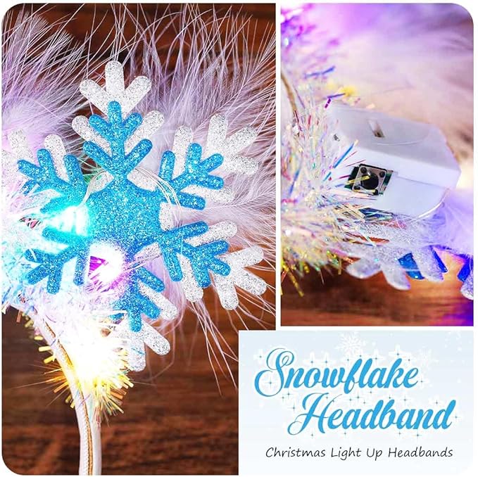 GORTIN Light up Snowflake Christmas Headbands LED Xmas Headpiece White Feather Glowing Hair Band Holiday Hair Accessories for Women and Girls
