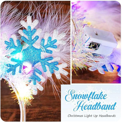 GORTIN Light up Snowflake Christmas Headbands LED Xmas Headpiece White Feather Glowing Hair Band Holiday Hair Accessories for Women and Girls