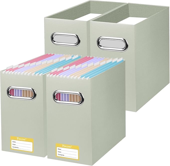 BALEINE File Organizer Box, Cardboard File Folder Organizer with Handle for Letter Size, Portable Collapsible Hanging Filing Box for Home Office Document Storage (4 Pack, Beige)