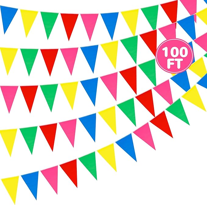 100 FT Rainbow Decorations, Colorful Rainbow Banner, Pre-assemble Pennant Banner Flags, Polyester Hanging Banners Indoor Outdoor Carnival Birthday Party Supplies Home Yard Ceiling Wall Decor