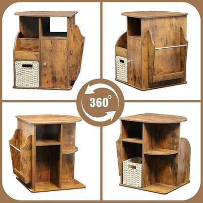 TooCust Rotating End Table with Storage, Swivel Side Table Living Room, Side Table with Magazine Holder, Basket and Cabinet, Sofa Side Farmhouse End Tables with Open Shelf (Rustic Brown)