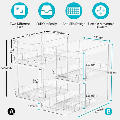 Delamu 2 Sets of 3-Tier Bathroom Under Sink Organizers and Storage, Multi-Purpose Stackable Pantry Organization and Storage, Pull Out Clear Kitchen Bathroom Cabinet Organizer with Movable Dividers | Storage, Multi-Purpose, Stackable, Pantry Organizatio...
