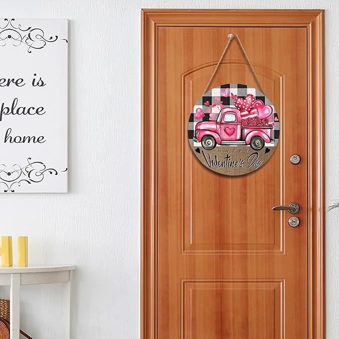 Valentines Day Door Sign for Front Door Farmhouse Pink Truck Hearts Wood Hanger 12"x12" Buffalo Plaid Check Heart Outdoor Outside Porch Decor Happy Valentines Wreath Pediment Plaque Wall Hanging