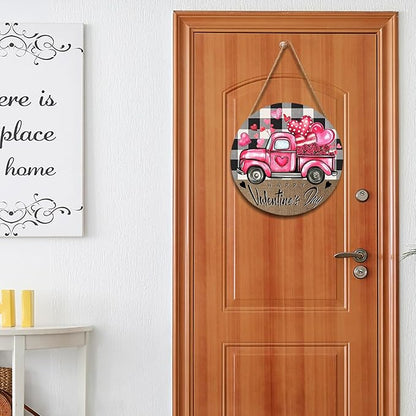 Valentines Day Door Sign for Front Door Farmhouse Pink Truck Hearts Wood Hanger 12"x12" Buffalo Plaid Check Heart Outdoor Outside Porch Decor Happy Valentines Wreath Pediment Plaque Wall Hanging