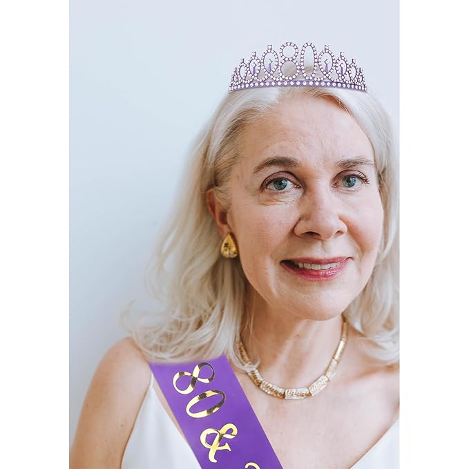 CIEHER 80th Birthday Crown + Sash, Purple 80th Birthday Decorations for Women, Fabulous Party Supplies