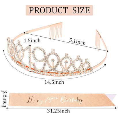 CIEHER 19th Birthday Crown and Sash for Girls, It's My 19 Bday Sash, 19th Birthday Decorations Rose Gold
