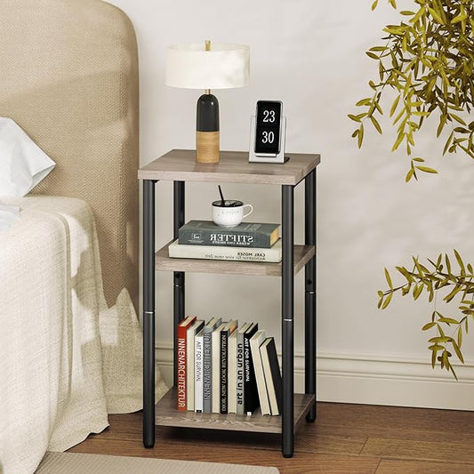 OLIXIS 3 Tier End Table for Small Space, Side Sofa Tables Storage Shelf, Nightstand with Adjustable Feet for Living Room, Bedroom, Office, Set of 2, Oak Grey