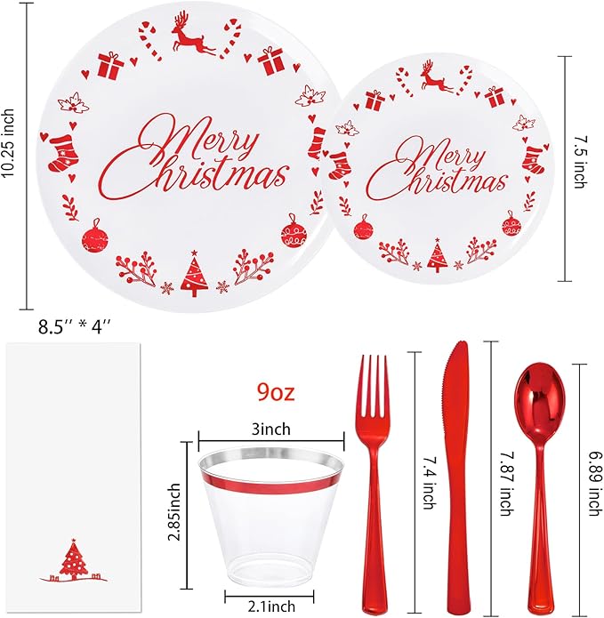 Ciaell 175 Pieces Christmas Plastic Plates include 50 Red Plastic Plates, 25Knives, 25Forks, 25Spoons, 25cups, 25Napkins for Christmas Party