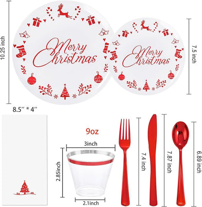 Ciaell 175 Pieces Christmas Plastic Plates include 50 Red Plastic Plates, 25Knives, 25Forks, 25Spoons, 25cups, 25Napkins for Christmas Party