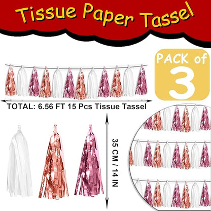 3P Rose-Gold Pink White Tassel Banner Garland Metallic Foil Fringe Banner Tinsel Tassels Streamer Banner Backdrop for Parade Floats, Graduation 2025, Wedding, Birthday, Retirement Party Decorations