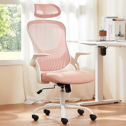 Sweetcrispy Home Office Managerial Executive Chair, High-Back Mesh with Adjustable Headrest, Flip-up Armrest Comfortable Lumbar Support, Comfy Arms for Bedroom,Study,Student