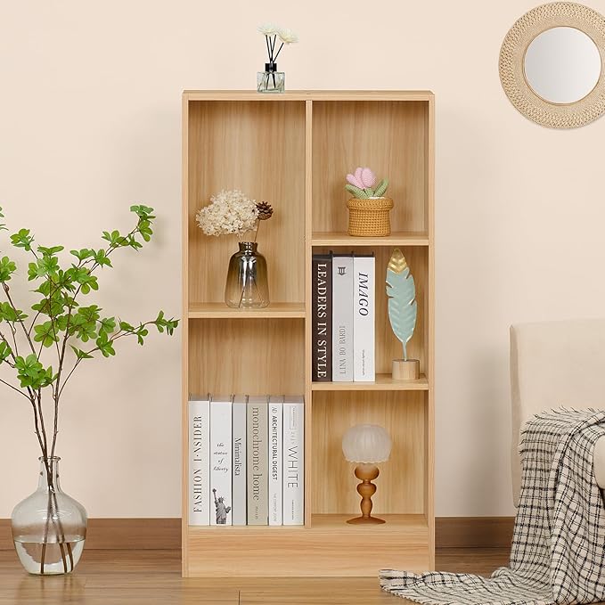 LEYAOYAO 5 Cube Mid-Century Modern Natural Wood Bookshelf with Base, 3 Tier Storage Organizer Shelf, Rustic Wood Display Cabinet for Bedroom, Living Room, Office