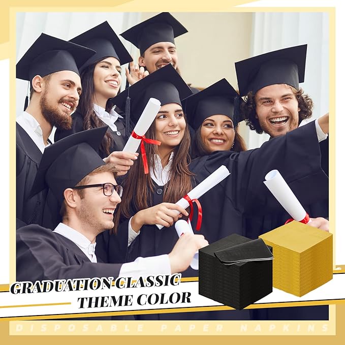 Henoyso 200 Pcs Cocktail Napkins Gold Disposable Dinner Napkins Bulk Square Paper Beverage Serviette for Graduation Wedding Party Birthday Lunch Drink Coffee Bar (Black,Gold)