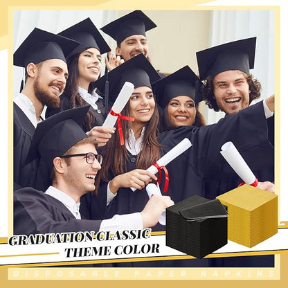 Henoyso 200 Pcs Cocktail Napkins Gold Disposable Dinner Napkins Bulk Square Paper Beverage Serviette for Graduation Wedding Party Birthday Lunch Drink Coffee Bar (Black,Gold)
