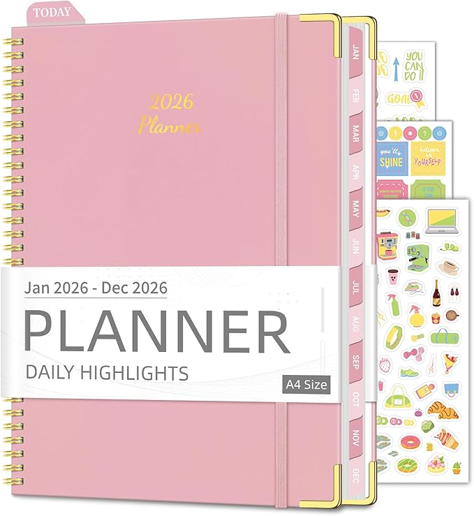 Daily Planner 2026 (8.5" x 11") - Weekly & Monthly Planner (Jan. 2026 - Dec. 2026), Column View Calendar Organizers, Hardcover Agenda Book with Tabs for Office & School, Pink