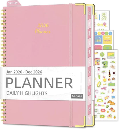 Daily Planner 2026 (8.5" x 11") - Weekly & Monthly Planner (Jan. 2026 - Dec. 2026), Column View Calendar Organizers, Hardcover Agenda Book with Tabs for Office & School, Pink