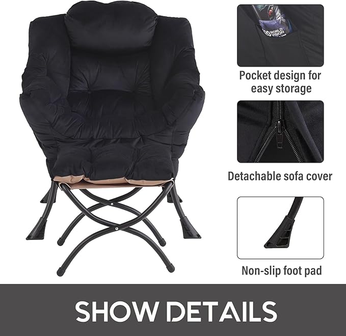 LITA Lazy Chair with Ottoman, Modern Accent Leisure Upholstered Sofa Chair, Contemporary Lounge Reading Chairs with Armrests and a Side Pocket for Living Room, Bedroom & Small Space, Black