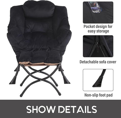 LITA Lazy Chair with Ottoman, Modern Accent Leisure Upholstered Sofa Chair, Contemporary Lounge Reading Chairs with Armrests and a Side Pocket for Living Room, Bedroom & Small Space, Black