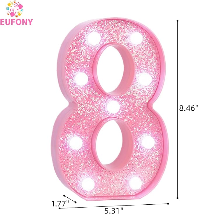 Pink LED Light Up Marquee Numbers, Glitter Lighted Numbers Signs Battery Operated for Girls 8th 18th Birthday Party Decorations, Pink Room Table Top Wall Decor, Number 8 with Cool White Lights