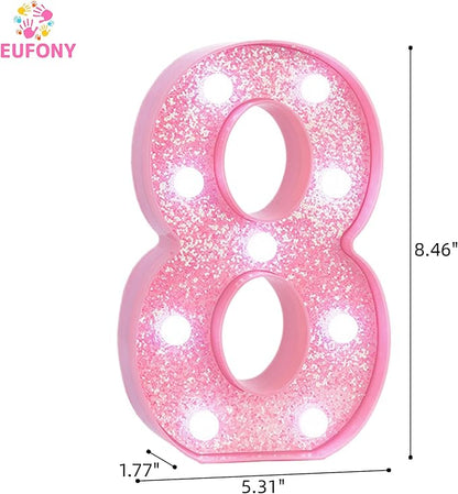 Pink LED Light Up Marquee Numbers, Glitter Lighted Numbers Signs Battery Operated for Girls 8th 18th Birthday Party Decorations, Pink Room Table Top Wall Decor, Number 8 with Cool White Lights