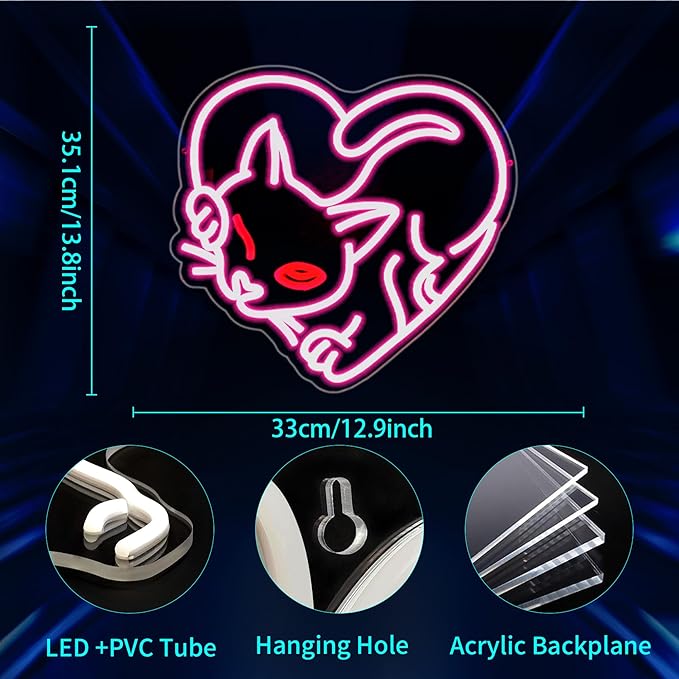 Cat Neon Sign, JGHTURIE Pink Neon Signs for Wall Decor Cute Animal Light Up Signs Preppy Game Party Bar Led Sign for Man Cave Kids Room Decor USB Powered