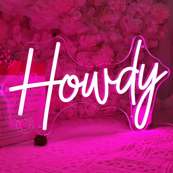 SYLHOME Howdy Led Neon Light Sign Pink Preppy Bedroom Wall Sign Decor Party Birthday Christmas Bar Pub Light Up Signs Girls USB 5V 15.75"X9.65" Dimmer
