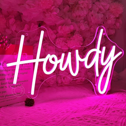 SYLHOME Howdy Led Neon Light Sign Pink Preppy Bedroom Wall Sign Decor Party Birthday Christmas Bar Pub Light Up Signs Girls USB 5V 15.75"X9.65" Dimmer