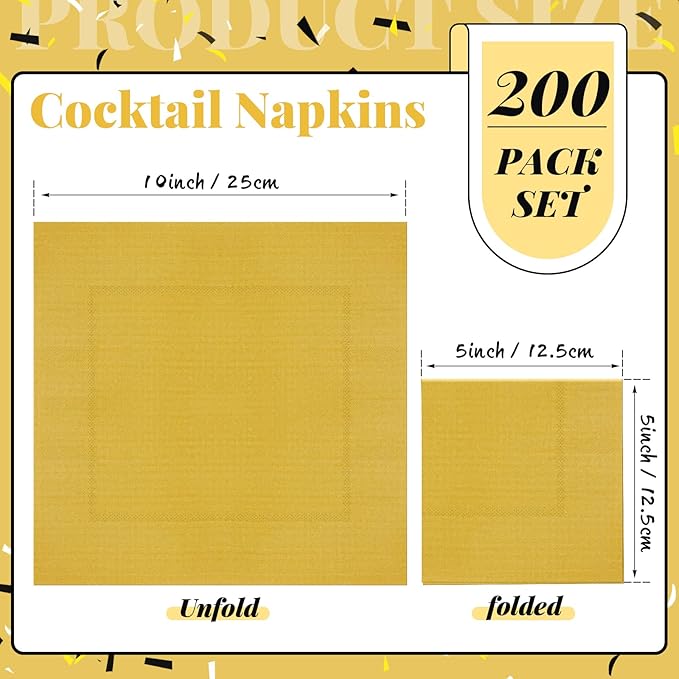 Henoyso 200 Pcs Cocktail Napkins Gold Disposable Dinner Napkins Bulk Square Paper Beverage Serviette for Graduation Wedding Party Birthday Lunch Drink Coffee Bar (Black,Gold)