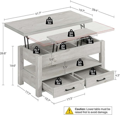 Rolanstar Coffee Table Lift Top, Multi-Function Convertible Coffee Table with Drawers and Hidden Compartment, Converts to Dining Table for Living Room, Home Office,Grey