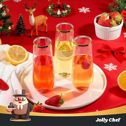 JOLLY CHEF 24 Pack Stemless Plastic Champagne Flutes Disposable 9 Oz Gold Rim Clear Plastic Toasting Glasses Shatterproof Recyclable for Party, Wedding, Birthday, Christmas