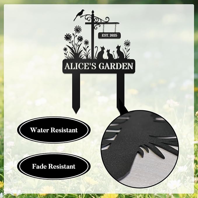 Custom Metal Sign Customized with Name & EST Date, Custom Garden Signs, Floral Yard Signs, Family Name Garden Stake, Personalized Outdoor Decor, Gift for Mother's Day, Mom Grandma Gardener Cat Lover