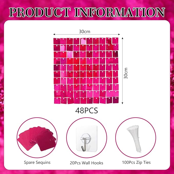 48 PCS Hot Pink Shimmer Wall Backdrop, Laser Square Sequin Photo Backdrops Panel, Glitter Wall Background for Birthdays, Weddings, Halloween, Engagements, Disco Bachelorette Party Decoration (6FTx8FT)