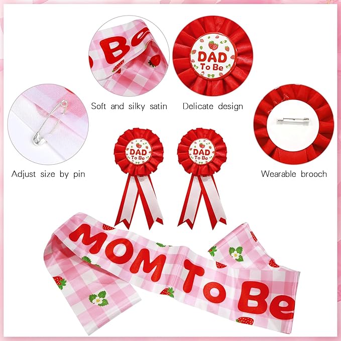 5 Pcs Strawberry Baby Shower Set Sash, Badges, Banner for Gender Reveal, Maternity Party & Pregnancy Celebration